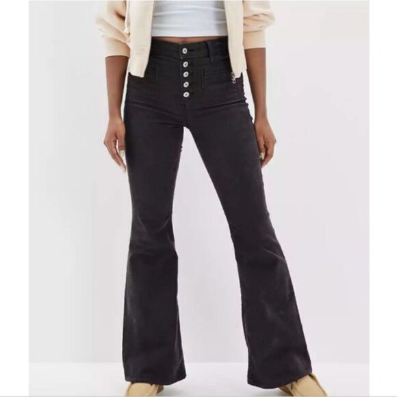 NWT Black M Jeans High Rise Button Raw Hem Flare Jeans - Picture 2 of 9